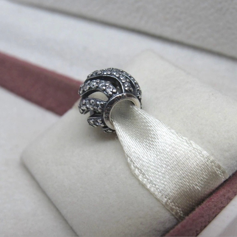 Pandora Retired Black Enamel Clear CZ Wave Clip Charm Sterling Silver 925 ALE - Picture 5 of 7